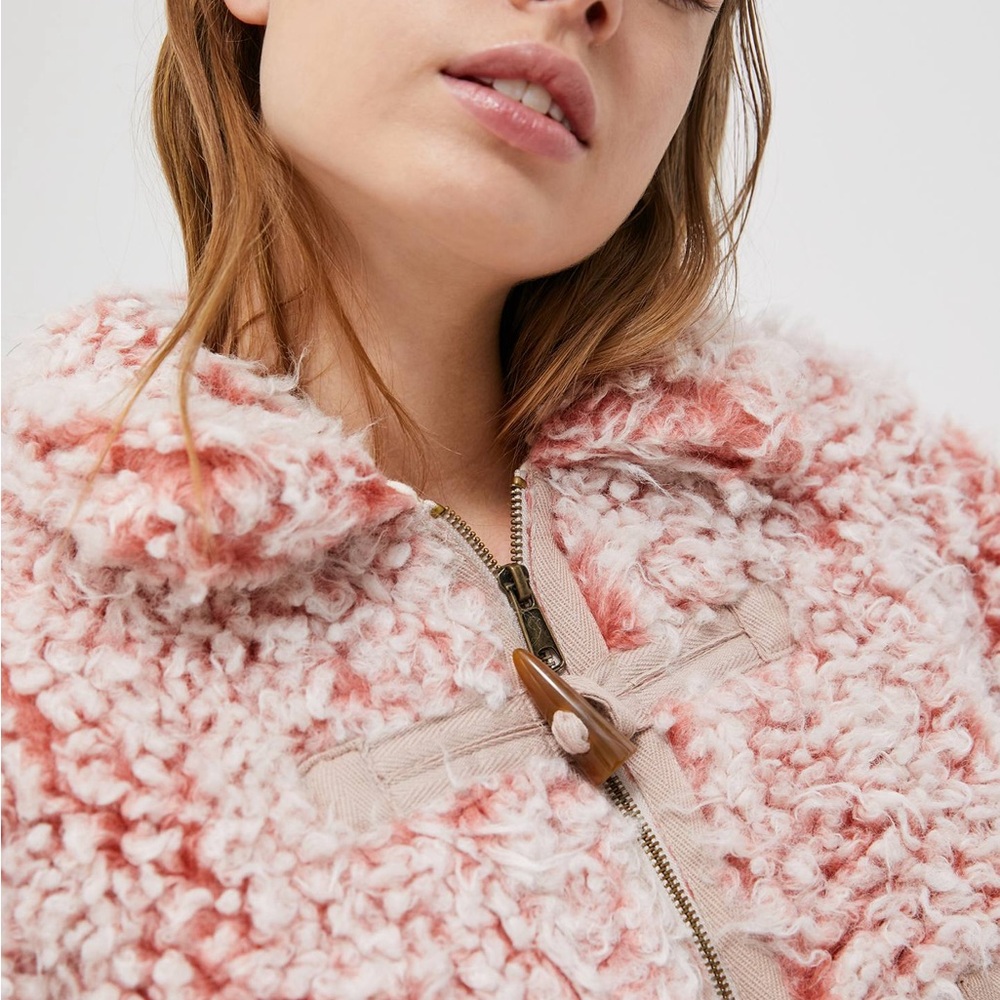 ANTHROPOLOGIE XS Brenna Faux Fur Coat in Pink • Coral Fuzzy Furry Toggle Jacket - Picture 11 of 15